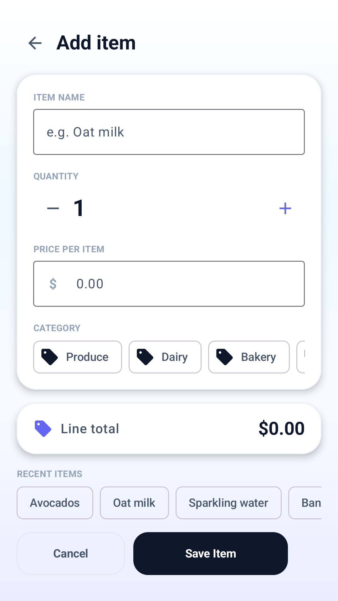 White Cart Counter add item screen